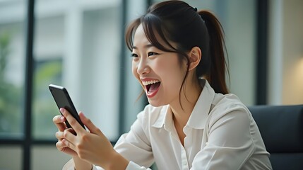 Sticker - Happy excited wonder Asian woman business student girl looking at mobile phone achieve good news amazing message smartphone winning surprise excitement Korean businesswoman female in office open mouth