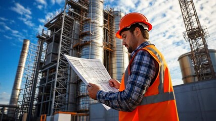 Sticker - Engineer working on construction plans, standing in front of an industrial building, ensuring project specifications are met.