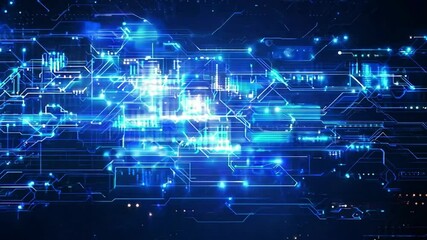 Abstract digital data stream with blue glowing lines and shapes