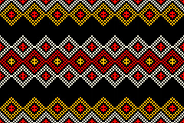 Wall Mural - Cross Stitch pattern with Floral Designs. Traditional cross stitch needlework. Geometric Ethnic pattern, Embroidery, Textile ornamentation, fabric, Hand stitched pattern, Cultural stitching pixel art.