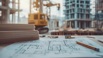 Construction site with blueprints, wood, and machinery in the background.