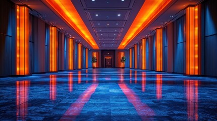 Poster - Elegant hallway illuminated by vibrant orange and blue lights in a modern building at night