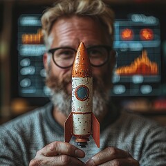 Poster - entrepreneur holding a model rocket in front of digital business expansion plans
