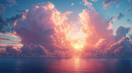 Poster - Vibrant sunset over tranquil ocean with dramatic clouds illuminating the sky