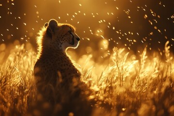 Aufkleber - A serene cheetah silhouetted against a golden sunset in a grassy landscape.
