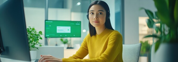 Poster - A woman in a yellow sweater sits at a desk with a computer, wearing headphones.