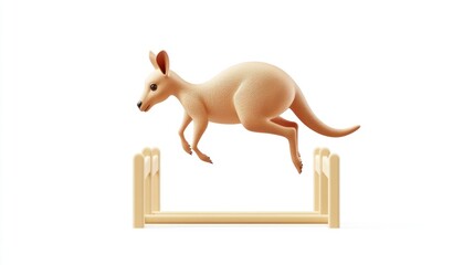 Wall Mural - A kangaroo jumping over a small wooden hurdle in a minimalist setting.