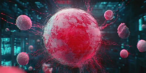 Poster - Abstract visualization of a virus or cellular structure in a digital environment.