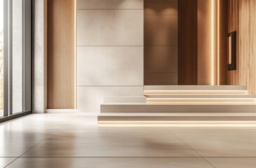 Aufkleber - Modern interior space with steps, warm lighting, and a minimalist design.