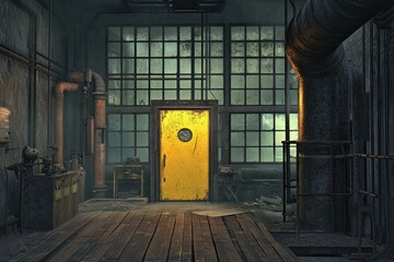 Poster - An industrial interior featuring a yellow door, large windows, and a rustic wooden floor.