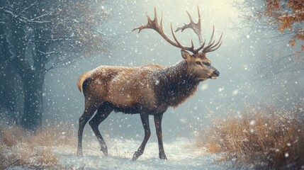Aufkleber - A majestic deer stands in a snowy forest, surrounded by falling snowflakes.