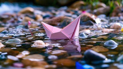 Poster - A Floating Paper Boat in a Shallow Stream