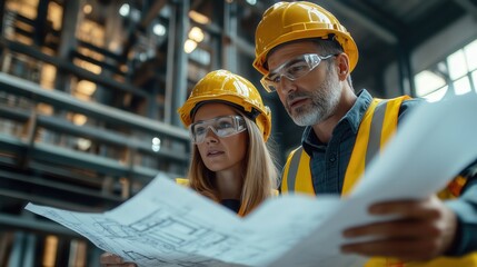 Poster - A construction team examines blueprints in a warehouse, showcasing collaboration and focus on project planning.