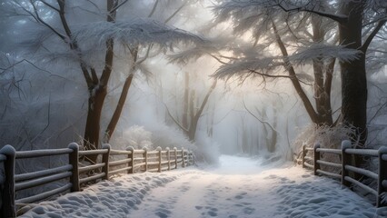 Wall Mural - Snow Covered Forest Pathway Framed by Frosted Branches in Winter Magic