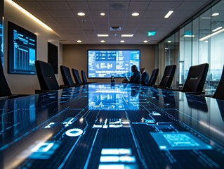 Poster - Team collaboration around a large conference table, brainstorming strategies in a high-tech corporate office