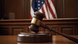 © nikomsolftwaer - Courtroom proceedings justice in action legal setting image of gavel and flag serious atmosphere close-up perspective