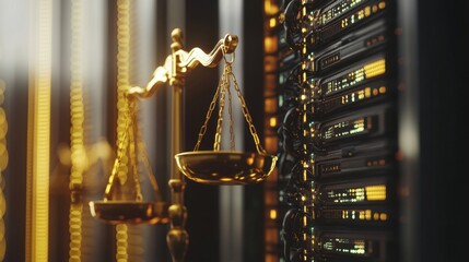 Poster - Data security measures server room technology insights corporate environment close-up view balance of justice in digital age