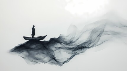 traditional chinese black and white minimalist floating boat illustration poster background