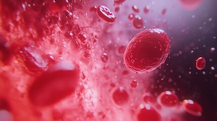 Poster - Dynamic blood cells in motion microscopic view scientific visualization red background cellular biology concept for health insights
