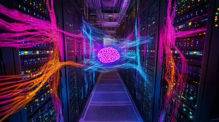 Poster - innovative neural network integration data center digital art futuristic environment aerial view ai 