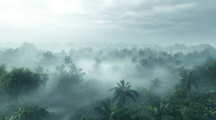 Poster - A misty forest with trees and a cloudy sky