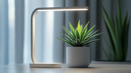 Minimalist indoor gardening with stylish LED grow light illuminating a potted plant