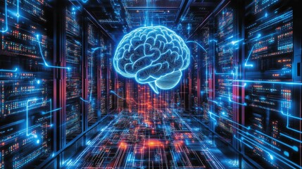 Poster - innovative technology integration artificial intelligence brain visuals in data centers digital envi