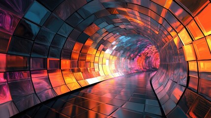Poster - A vibrant abstract tunnel with reflective tiles in shades of orange, red, and blue, creating a dynamic, futuristic atmosphere.