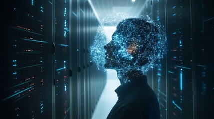 Poster - exploring the future of technology ai and data analytics in a server room digital art futuristic env