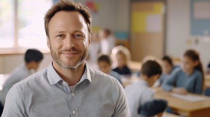 Poster - A man is smiling in front of a classroom full of children