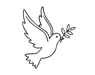 Dove line art. Flying dove of peace pigeon doodle outline logo drawing. Dove for greeting card, banner, flyer, poster.