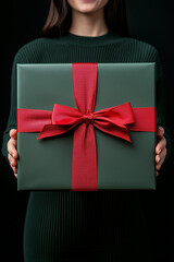 closeup woman carrying a huge christmas green gift box wrapped in a red ribbon, a happy woman holding a big square dark green cardboard box with a red bow on it, solid studio background