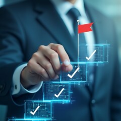 Poster - Business Success and Goal Achievement Steps: Visualization of a Businessman Drawing Checkmarks on a Virtual Staircase Towards Goals Completion with a Red Flag Marking Success