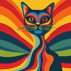 Wall Mural - Colorful psychedelic cat design illustration with vibrant hues and intricate patterns