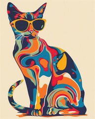 Wall Mural - Colorful psychedelic cat design illustration with vibrant hues and intricate patterns
