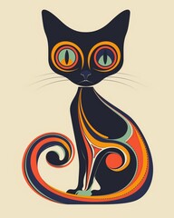 Wall Mural - Colorful psychedelic cat design illustration with vibrant hues and intricate patterns