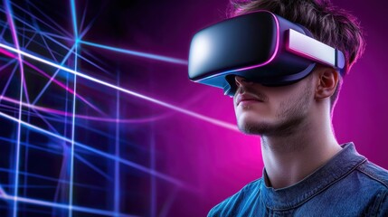 Poster - A person immersed in a futuristic virtual reality environment with neon lights and vibrant patterns