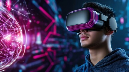 Poster - A person wearing a virtual reality headset surrounded by glowing digital network