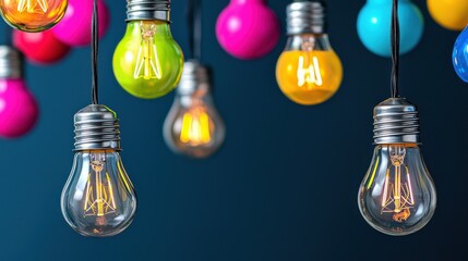 Poster - Colorful Illuminated Light Bulbs Hanging in Abstract Design