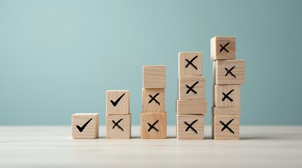 Poster - Check Mark Icons Representing Task and Job Completion on Wooden Blocks for Effective Business Goal Tracking and Quality Control Checklists in Various Assessments
