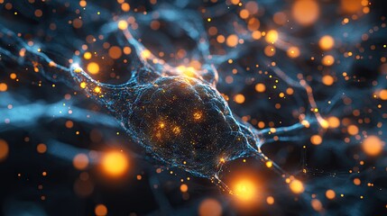 Poster - Abstract illustration of a glowing neuron amidst a vibrant web of connections and particles.