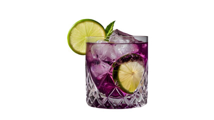 Refreshing summer purple drink with lime, isolated on transparent background