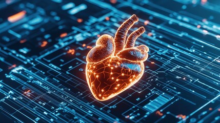 Poster - Glowing Digital Heart on Circuit Board Background