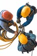 © Murda - Three workers installing cables, overhead view.