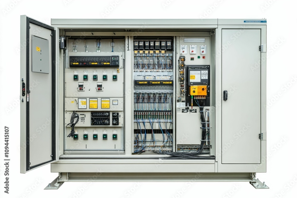 Open electrical panel, complex wiring, safety devices. Stock ...