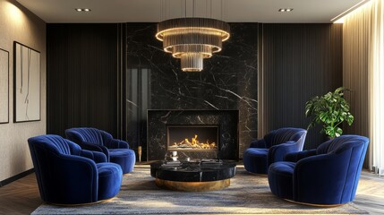 Poster - Stylish living room showcasing cobalt blue velvet chairs, a dark marble fireplace, and a statement tiered chandelier.