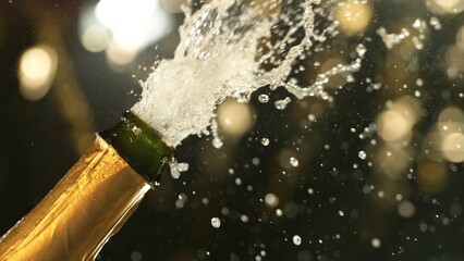 Fototapete - Celebration theme with splashing champagne on black background.