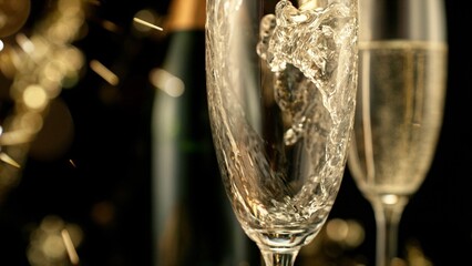 Fototapete - Pouring Champagne Wine into Glass, Isolated on Black Background.