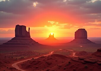 Wall Mural - Vibrant sunset over iconic rock formations in a desert landscape with winding road