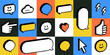 © Mariia - Y2k retro futuristic pattern with speech bubbles, smile, arrow. Playful 3d pixel art. Bold groovy background. Bright modern shape for poster, header, web. Geometric simple shapes. Cool design element